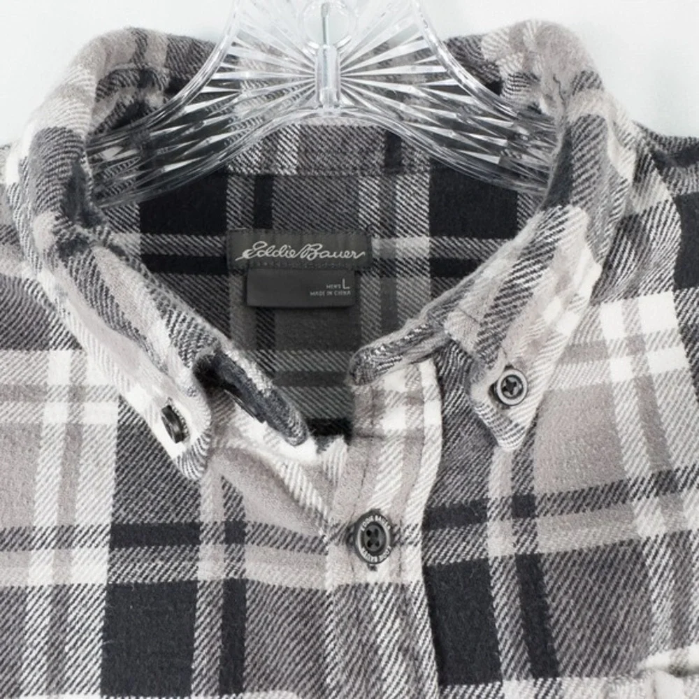 Eddie Bauer Mens Everyday Flex Flannel Plaid Button Down Shirt Large Gray Cotton